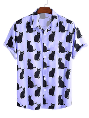 Men's Casual Cat Pattern Button Up Lapel Short Sleeve Shirt