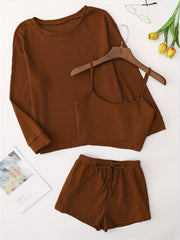 Solid Pajama Set Long Sleeve Top & Cami Top & Shorts