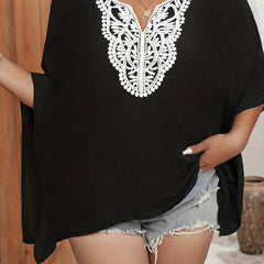 Casual Blouse Women's Plus Contrast Lace Trim Batwing Sleeve V Neck