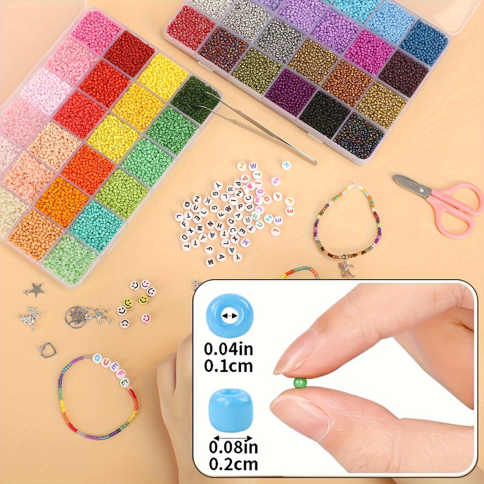 2mm Glass Seed Beads Set with 440 Letter Beads, 100 Smiling Face Beads & 100 Evi