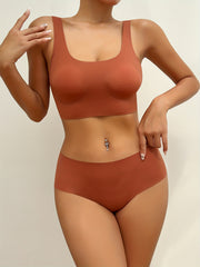 Solid Bra & Panties Set Square Neck Racer Back Elastic Lingerie