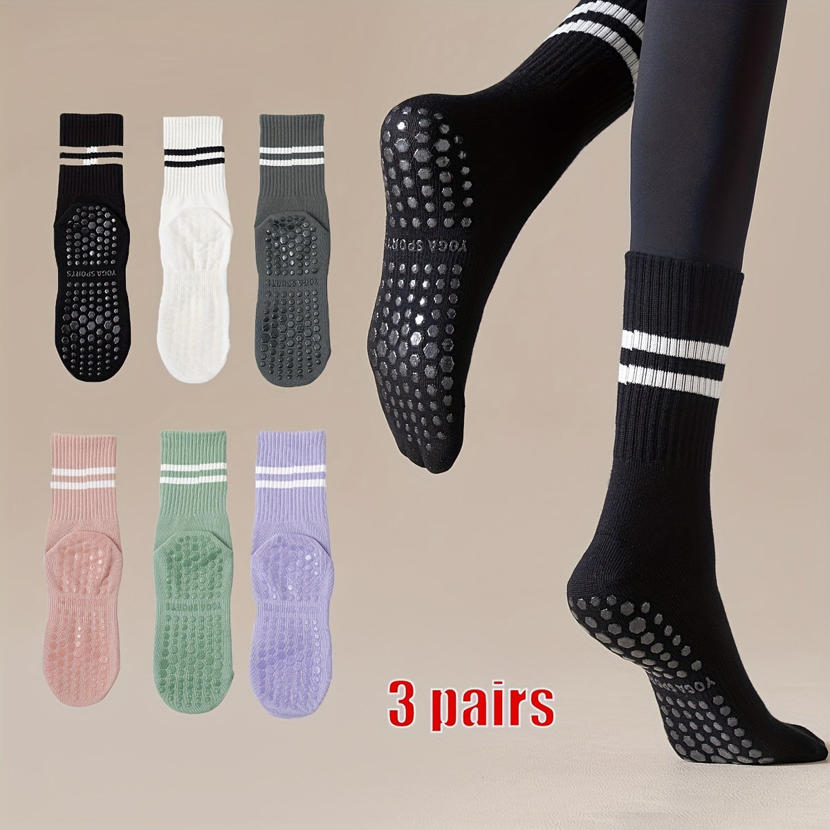 3 Pairs Yoga Socks Gym Pilates Sports Grip Socks Anti-slip