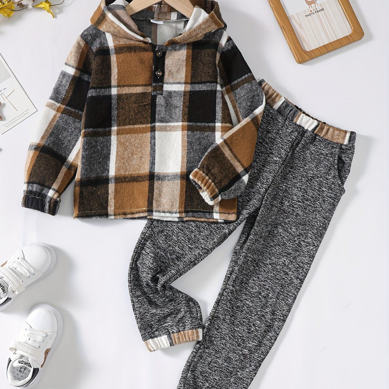 Toddler Boy's Hooded Shirt & Pants Set Plaid Pattern Casual Outfits