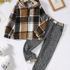 Toddler Boy's Hooded Shirt & Pants Set Plaid Pattern Casual Outfits