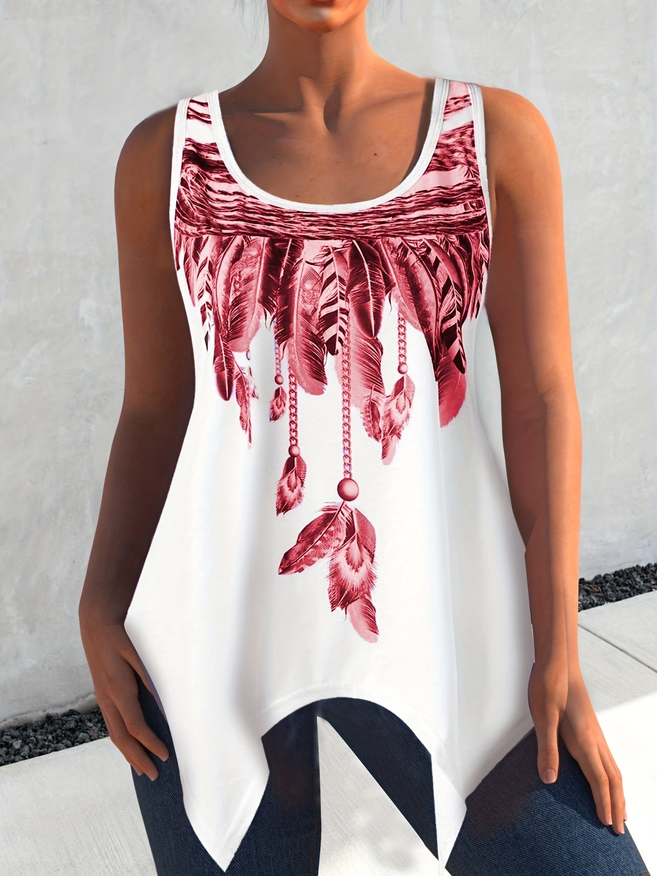 Feather Print Tank Top Round Neck Medium Stretch