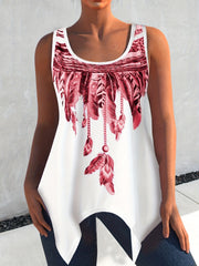 Feather Print Tank Top Round Neck Medium Stretch