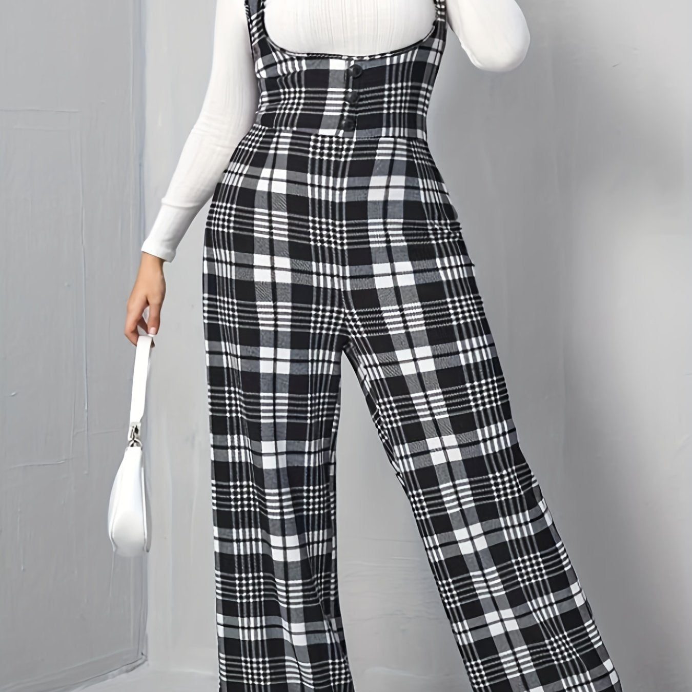 Plaid Overall Straight Leg Jumpsuit Button Decor