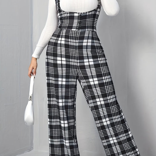Plaid Overall Straight Leg Jumpsuit Button Decor