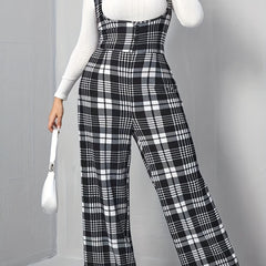 Plaid Overall Straight Leg Jumpsuit Button Decor