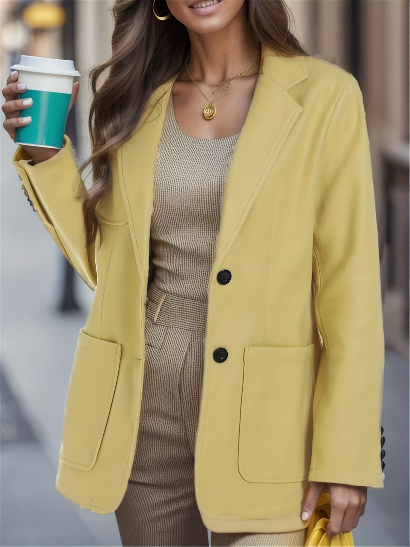 Solid Patched Pockets Lapel Blazer Coat Long Sleeve Loose Blazer Outerwear