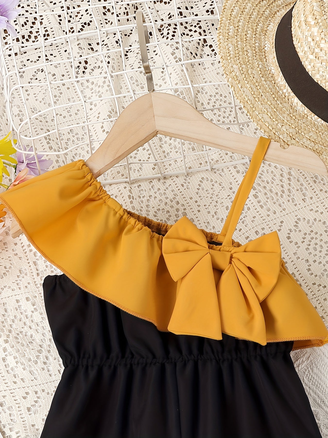 Girls Colorblock Bow Front Ruffle Trim Jumpsuit Romper