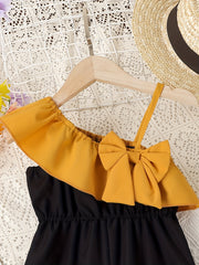 Girls Colorblock Bow Front Ruffle Trim Jumpsuit Romper
