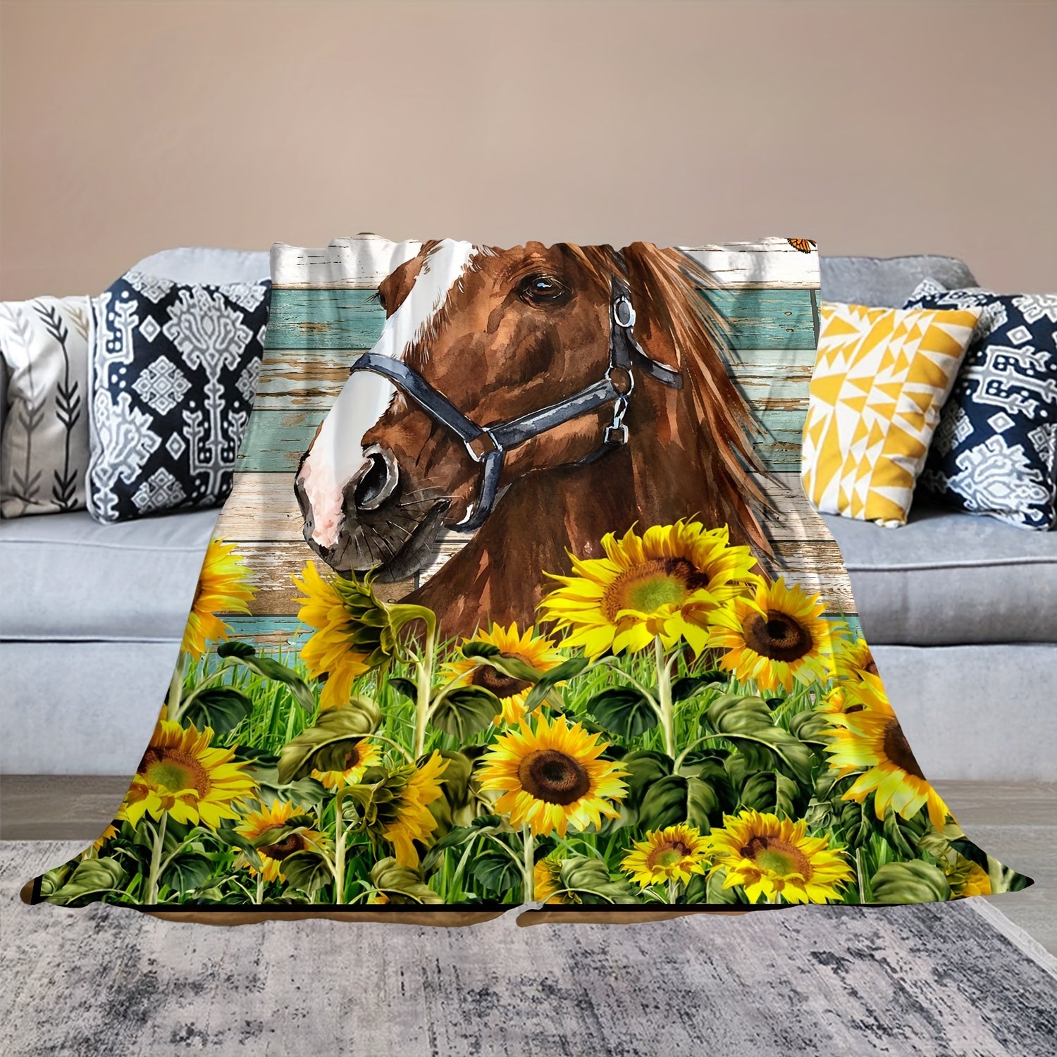 Vintage Horse Sunflower Flannel Blanket Lightweight Throw for Couch Bed Office