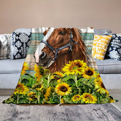 Vintage Horse Sunflower Flannel Blanket Lightweight Throw for Couch Bed Office