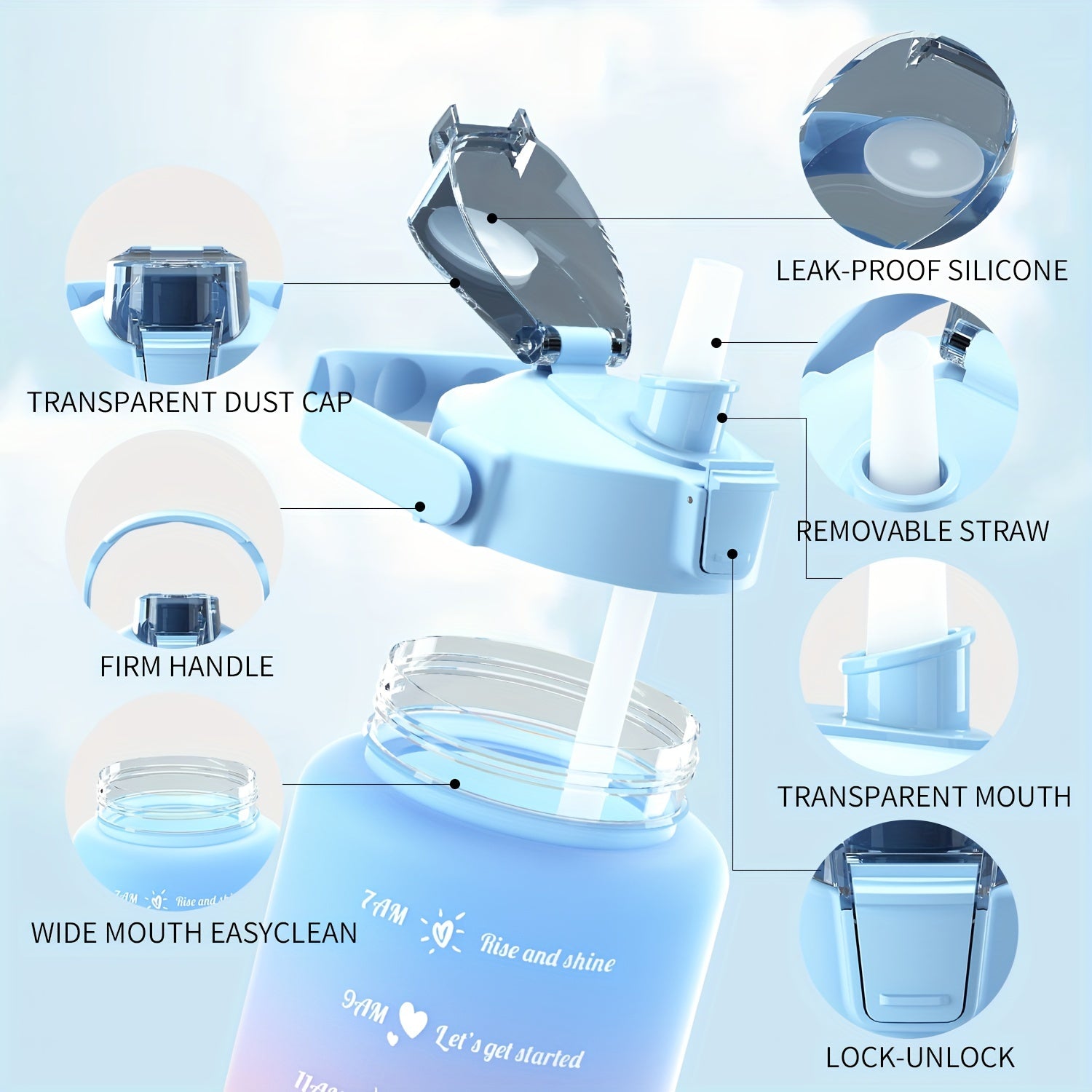 Large Capacity Gradient Sports Water Bottle with Straw