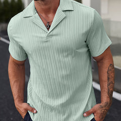 Summer Men's Solid Revere Collar Short Sleeve Shirt