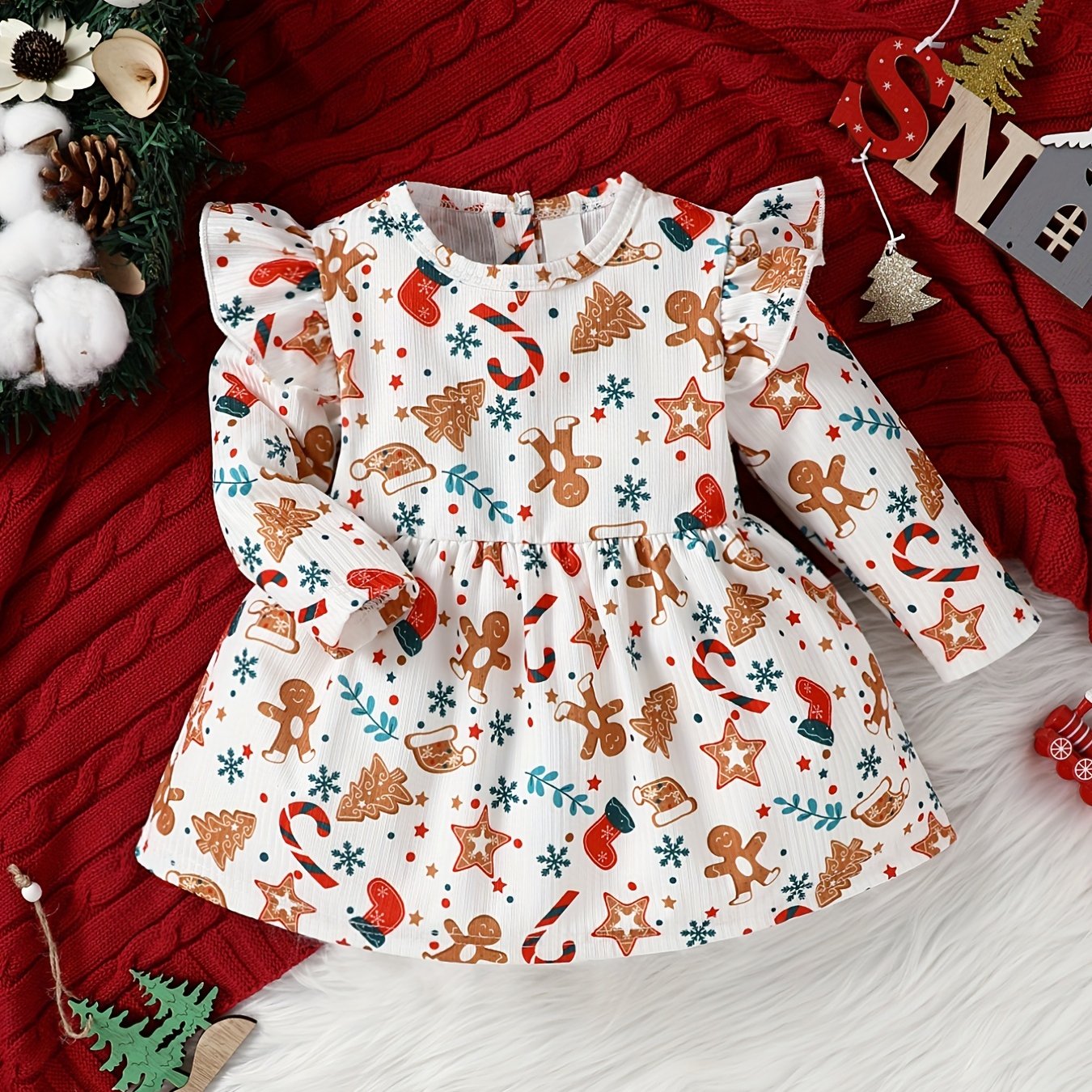 Baby Girls Christmas Cartoon Print Long Sleeve Dress