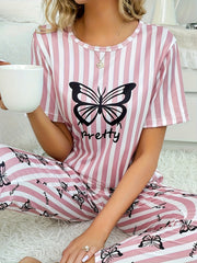 Butterfly Print Pajama Set Short Sleeve Top & Striped Pants Women's Sleepwear