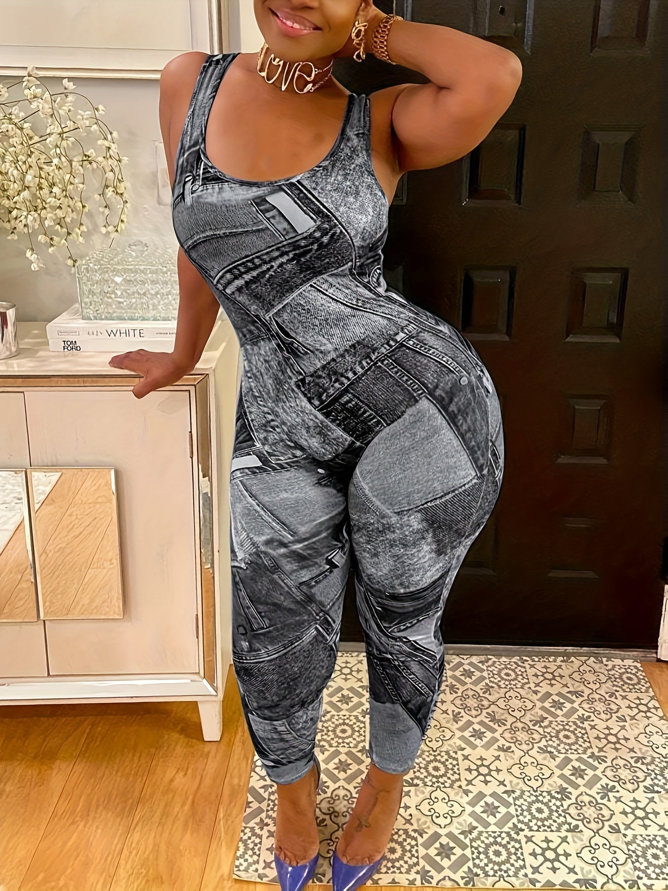 Casual Jumpsuit Denim Print Slim Fit Medium Stretch Tank Jumpsuit