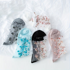 5 Pairs Mesh Sheer Socks Floral Print Stockings Women's Hosiery