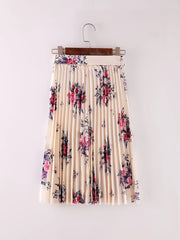 Boho Floral Print Pleated Skirt with Tied Front