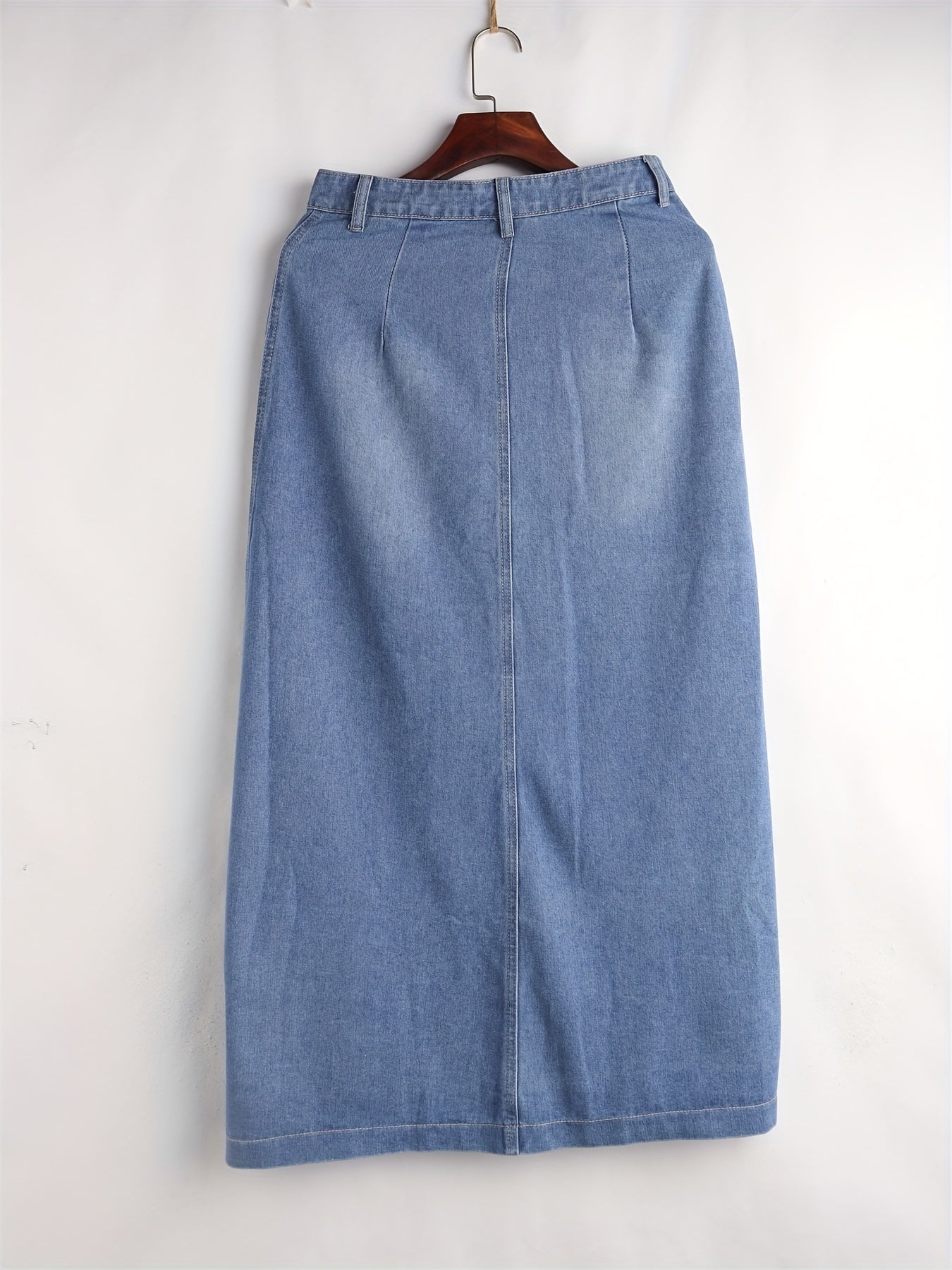 Solid Flap Pockets Denim Skirt Single Breasted Button Non Stretch