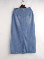 Solid Flap Pockets Denim Skirt Single Breasted Button Non Stretch