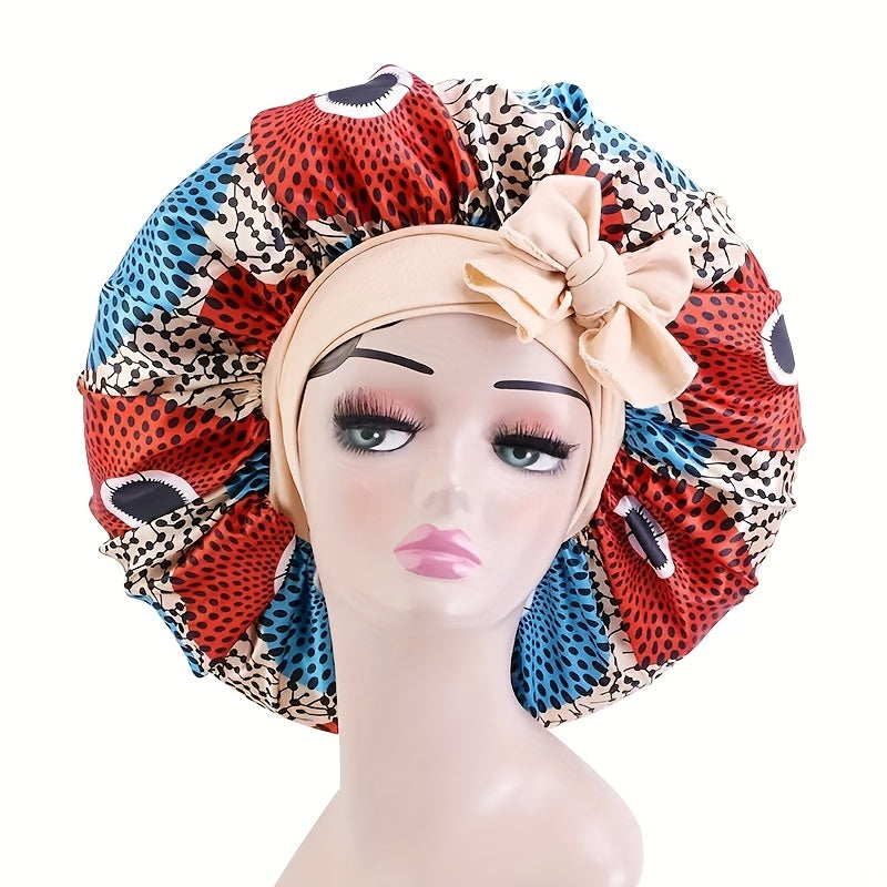 Boho Print Satin Bonnet Large Sleep Cap Bowknot Tied Hair Bonnet