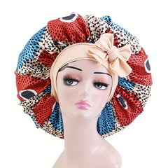 Boho Print Satin Bonnet Large Sleep Cap Bowknot Tied Hair Bonnet