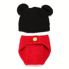 2pcs Baby Boys Mouse And Flower Knit Hat Underwear Set