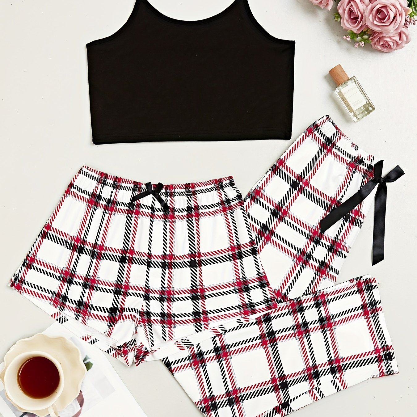 Plaid Print 3-Piece Sleep Set: Cami Top, Bow Shorts, Lounge Pants
