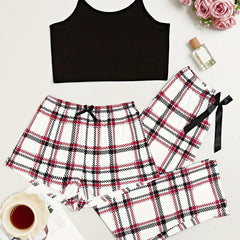 Plaid Print 3-Piece Sleep Set: Cami Top, Bow Shorts, Lounge Pants