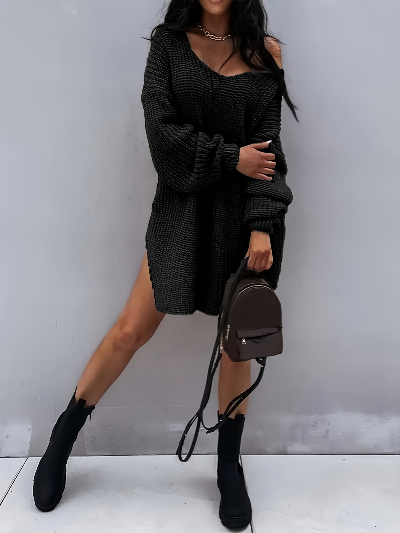 Sexy Sweater Dress One Shoulder Lantern Sleeve V Neck