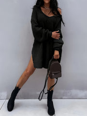 Sexy Sweater Dress One Shoulder Lantern Sleeve V Neck