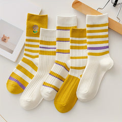 5 Pairs Striped Crew Socks Women's Comfy Breathable Mid Tube Stockings