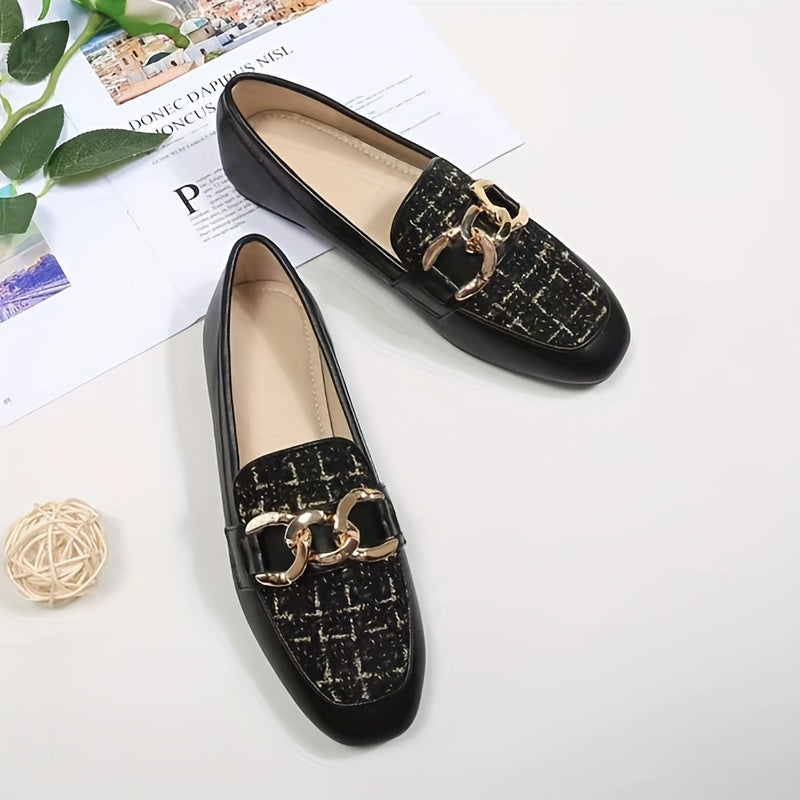 Women's Tweed Flat Loafers with Metallic Chain Decor