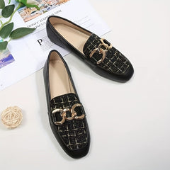 Women's Tweed Flat Loafers with Metallic Chain Decor