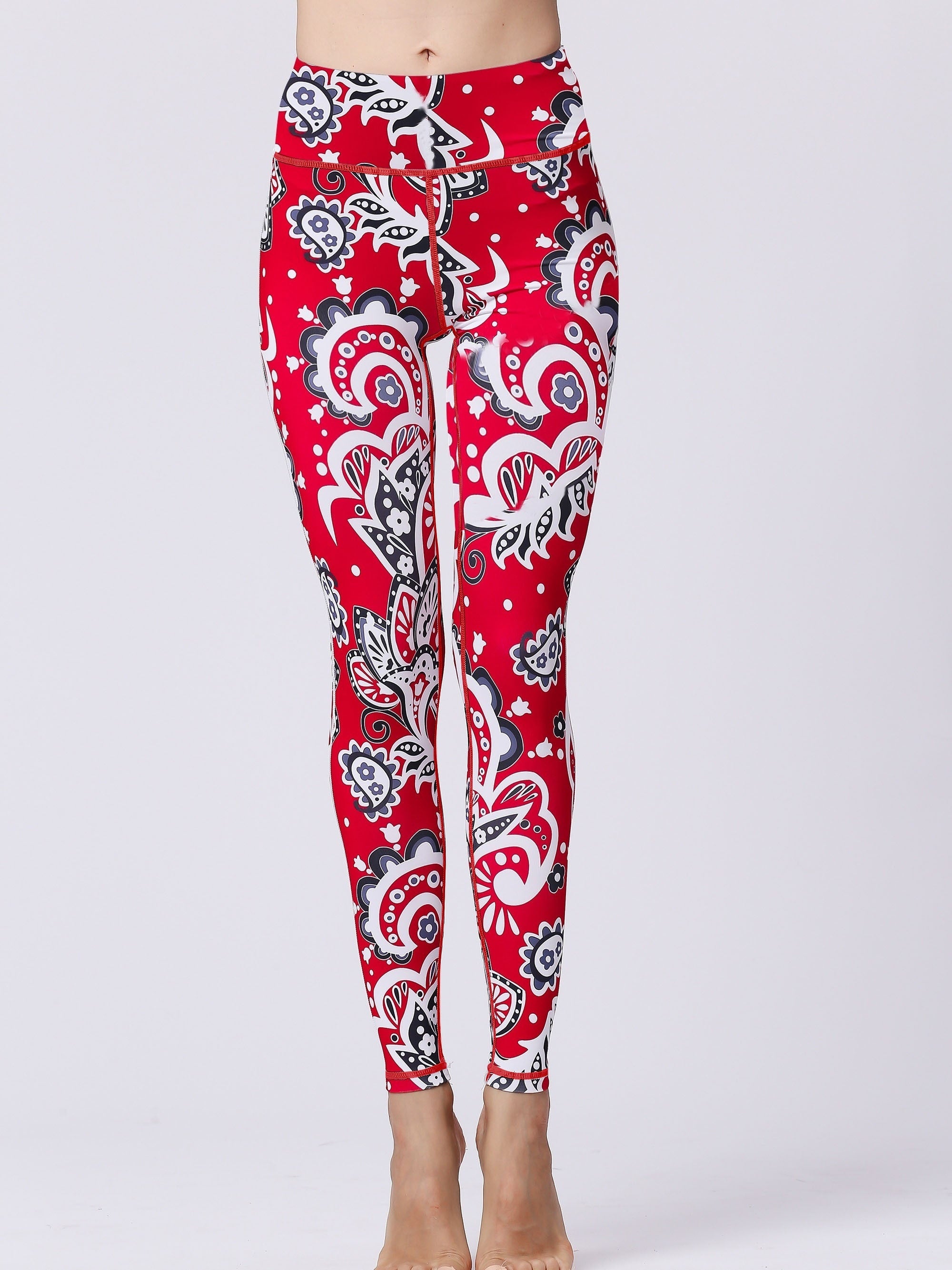Red Print High Waist Butt Lifting Skinny Long Pants for Sports Fitness