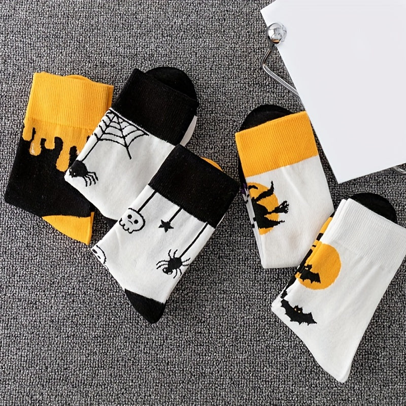 5 Pairs Skull & Bat Print Halloween Crew Socks Women's Stockings & Hosiery