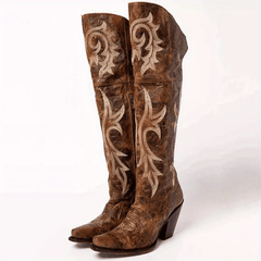 Embroidered Over Knee Boots Point Toe Slip On Block Heel Cowgirl Boots