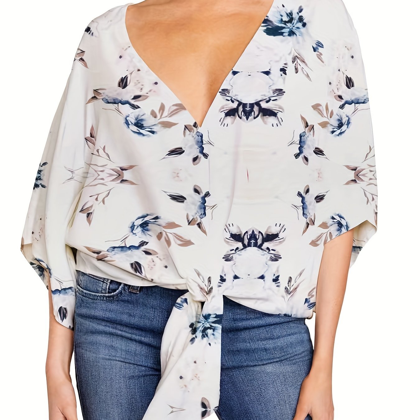 Floral Print Boho Blouse V Neck T-Shirt