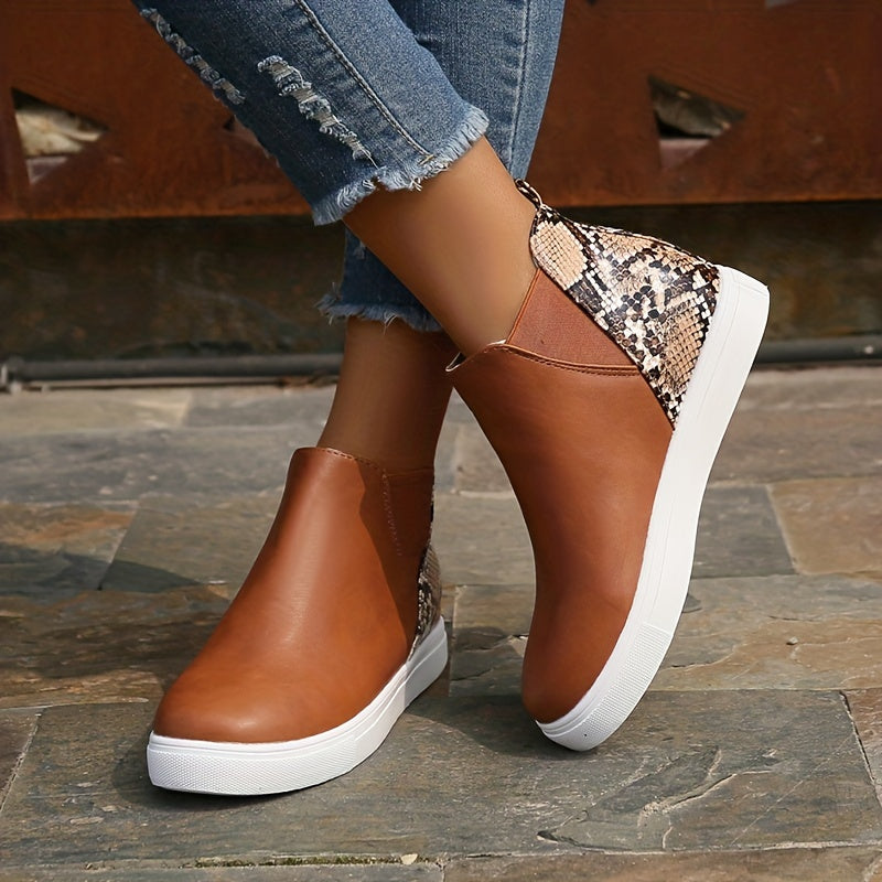 Women's Snakeskin Pattern Short Boots Stretch Fabric Sided Boots