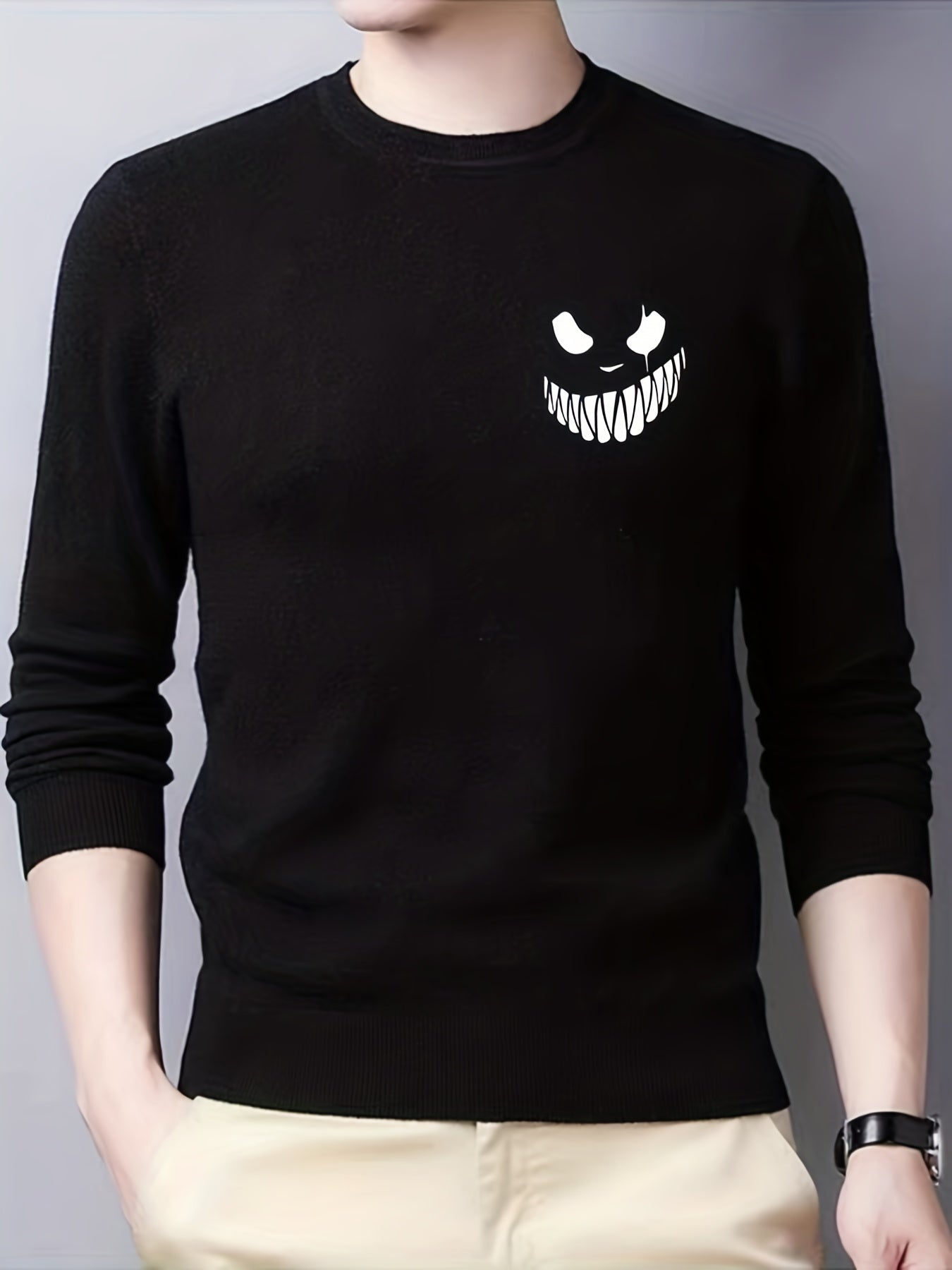 Men's Knitted Sweater Monster Face Pattern Warm Crew Neck Pullover