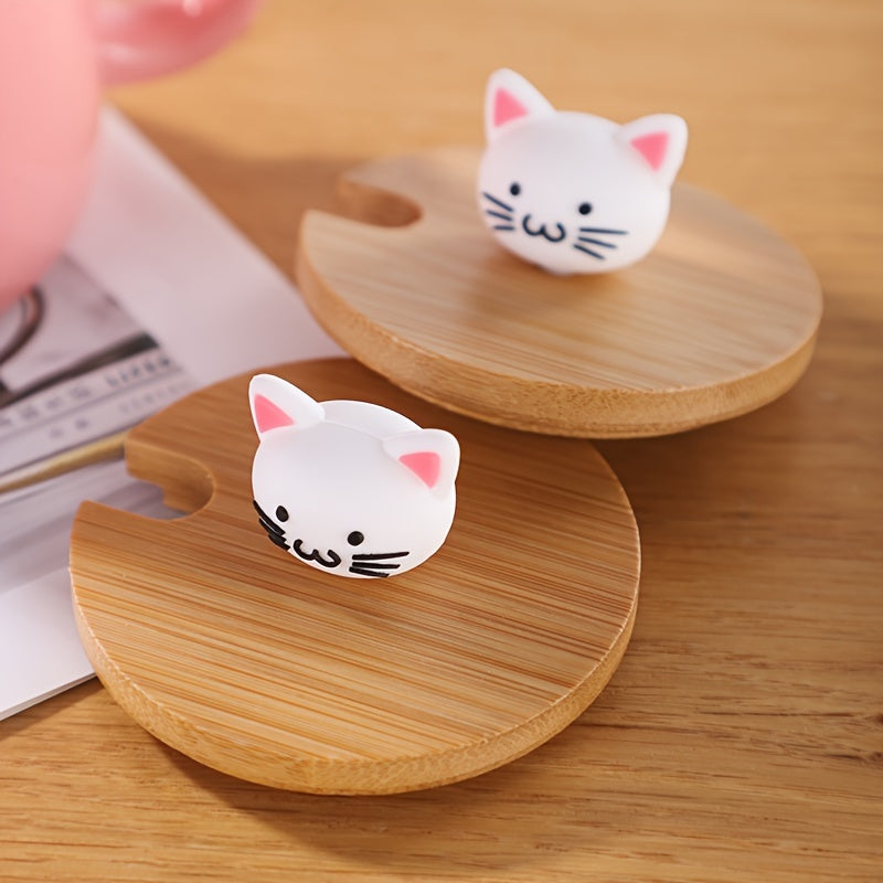 450ml Cartoon Cat Ceramic Mug with Wooden Lid & Spoon Handle