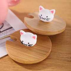 450ml Cartoon Cat Ceramic Mug with Wooden Lid & Spoon Handle