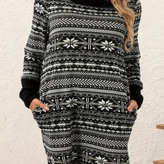 Plus Size Colorblock Geometric Print High Neck Mini Dress