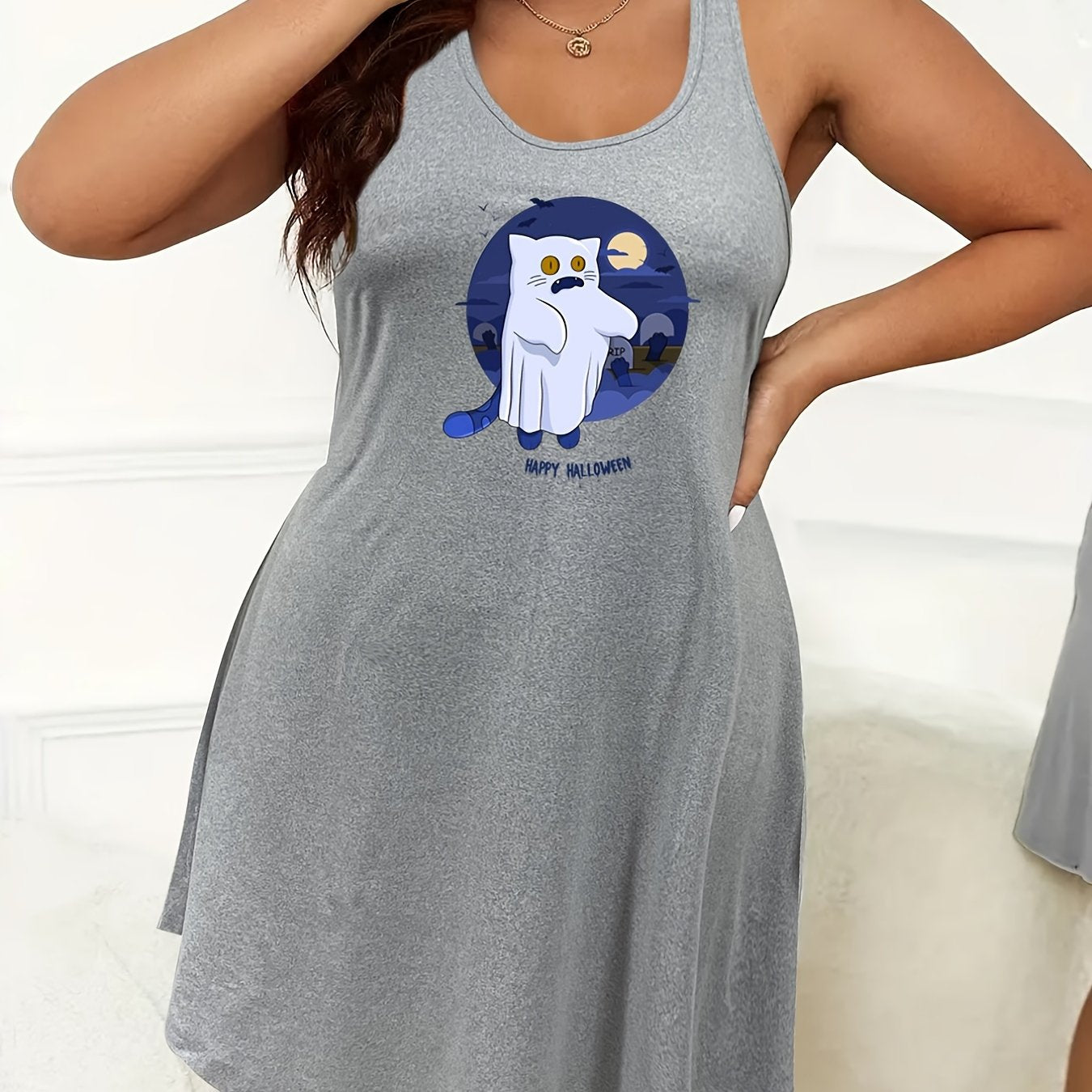 Halloween Cat Ghost Bat Print Tank Sleep Dress