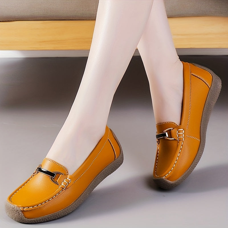 Women's Metal Decor Loafers Slip On Shoes Lightweight Faux Leather