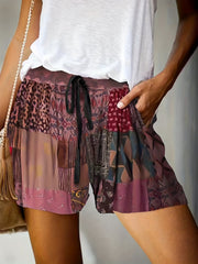 Hippie Patchwork Smocked Shorts Ruffle Trim Beach Wear
