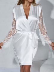 Lace Stitching Satin Night Robe Long Sleeve V Neck Women's Sleepwear